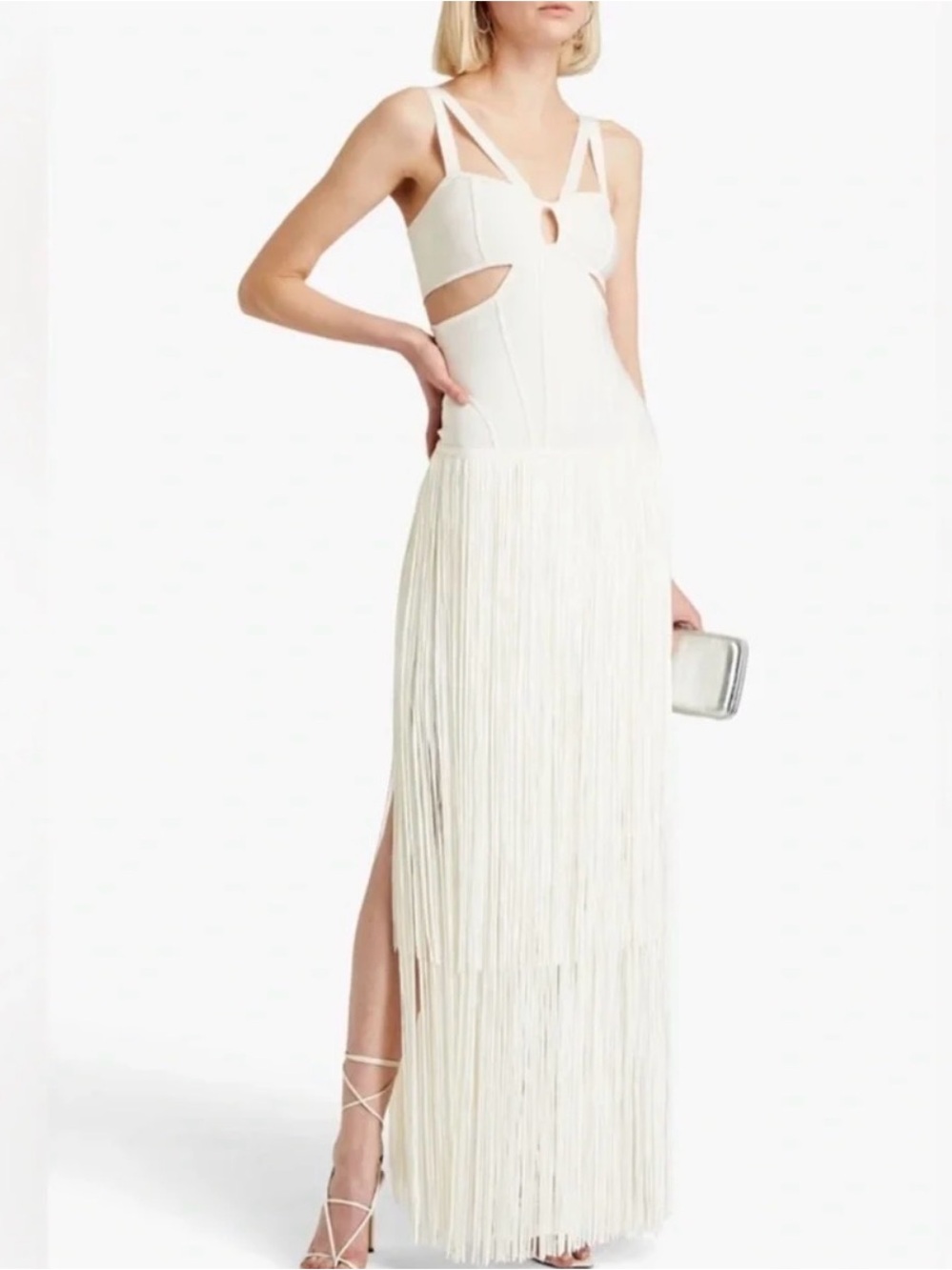 Herve Leger Ivory Fringe Maxi Dress with Cutout Bodice